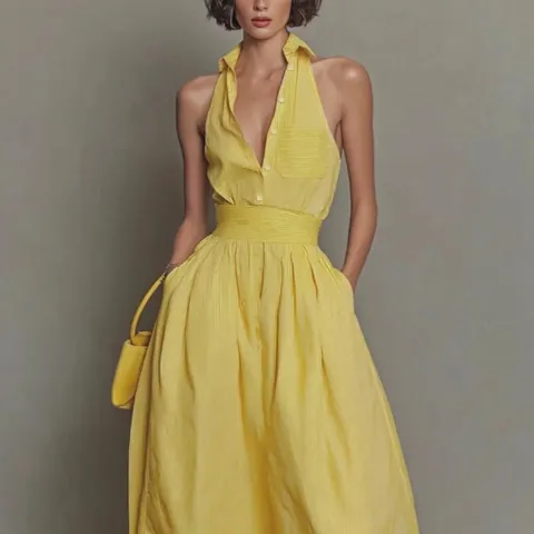 Robe Longue de Style Resort Jaune à Rayures Col en V Sans Manches Taille Ajustée Épissée Été Décontractée Vacances à la Plage pour Femmes