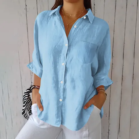 Women's Casual Cotton Linen Button Down Shirt Jacket Loose Long Sleeve Lapel Blouse With Pocket Solid Color Home Top