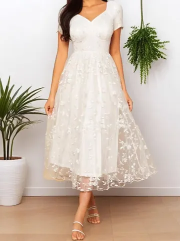 Women White Lace Patchwork V-Neck Formal Dress Elegant Embroidery Puffy Midi Skirt Prom Wedding Party Elegant Gown