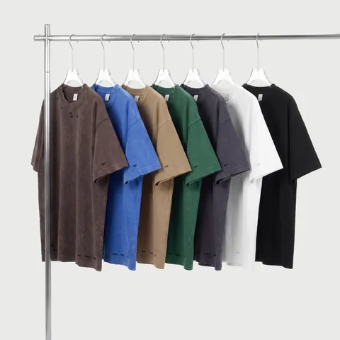 Camiseta de Hombre de Algodón Peinado Pesado 300g Lavado Desgastado de Talla Grande con Hombros Caídos Streetwear Vintage