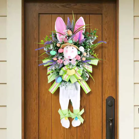 Easter Bunny Wreath Door Hanging Decor Artificial Lavender Flower Eggs Green Plaid Bow Pastoral Style Festival Wall Ornament