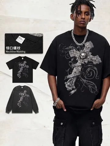 Gothic Skull Cross Print T-Shirt Washed Distressed Streetwear Cotton Heavyweight Top For Men Women Casual Fashion Tee