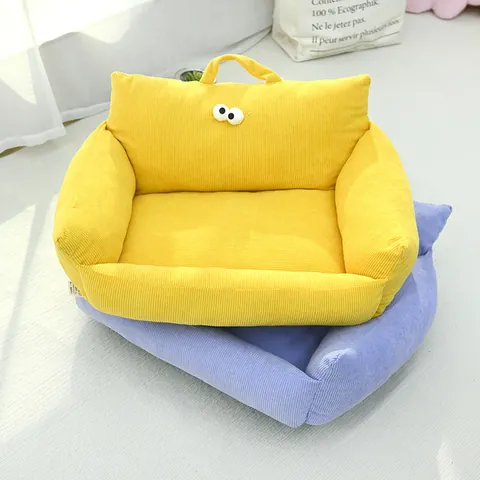 Cartoon Große Augen Haustier Sofa Bett Weich Gestreifter Cord Hund Katzenbett Mit Tragbarem Griff Rutschfester Boden Warm Haustiermatte