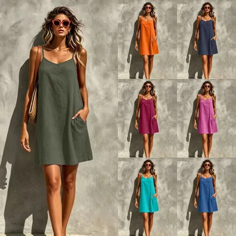 Women Casual V Neck Sleeveless Camisole Dress Solid Color Polyester Midi Dress With Pockets Summer Holiday Beach Sun Dress