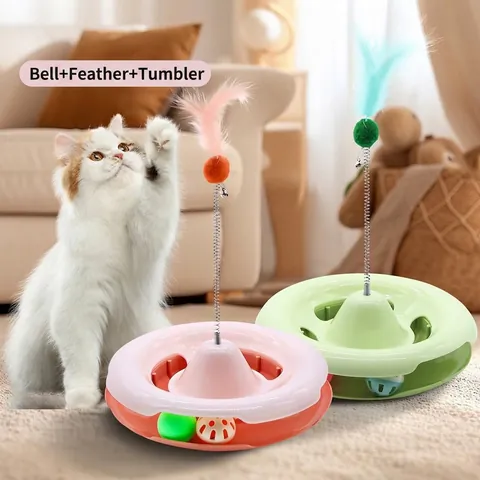 Interaktives Katzen-Drehtellerspielzeug Mit Feder-Teaser-Zauberstab-Glockenball-Schiene Für Hauskatzen Zur Selbstheilung Training Kunststoff-Haustierspielzeug