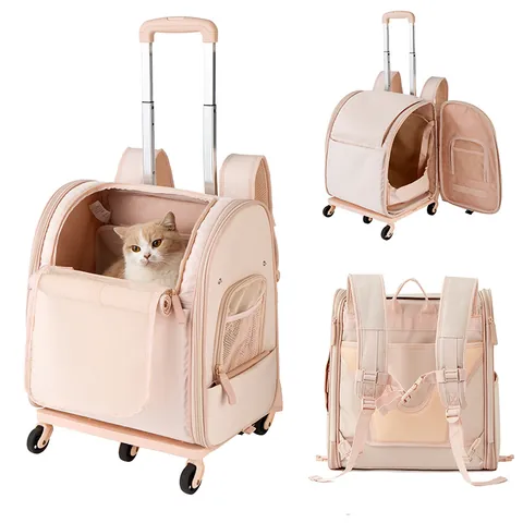 Portable Pet Trolley Backpack Waterproof Oxford Cloth Foldable Travel Carrier With Wheels For Cats Dogs Small Pets Outing