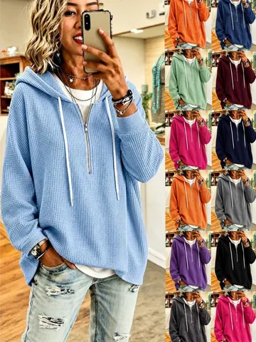 Women Casual Waffle Knit Hooded Sweatshirt Loose Half Zipper Drawstring Long Sleeve Top Polyester Pullover Hoodie