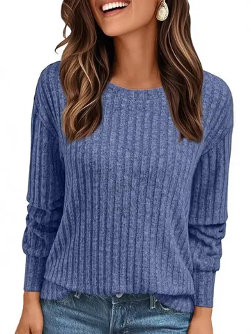 Maglietta a Maniche Lunghe a Costine da Donna Minimalista Girocollo Pullover Casual Tinta Unita Pendolare Top in Poliestere