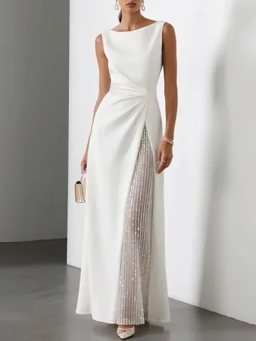 Elegante Mouwloze Maxi Jurk Met Split Voor Dames Effen Kleur Polyester Splicing Slanke Pasvorm Avondfeest Wit