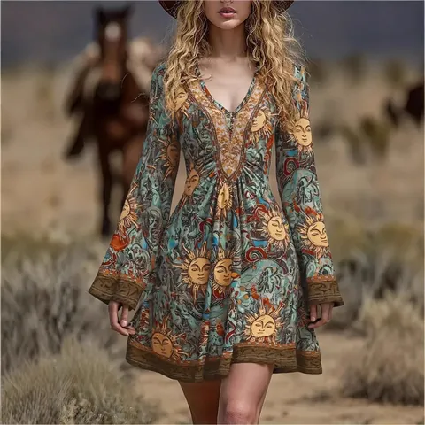 Damen Vintage V-Ausschnitt Bedruckt Langarm A-Linien-Kleid Bohemian Paisley Himmlisches Muster Glockenärmel Minikleid Für Urlaub