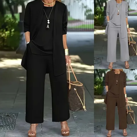 Women 3-Piece Set Casual Solid Color Long Sleeve Open Front Cardigan Vest Long Pants Top And Bottom Autumn Winter Outfits