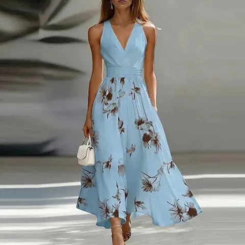 Robe Longue Sexy à Col en V Imprimé Floral sans Manches Dos Nu Taille Haute Trapèze pour Femmes Vacances d'Été Plage