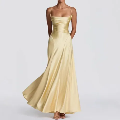 Women Satin Backless Maxi Dress Cowl Neck Spaghetti Strap Ruched Evening Party Prom Dress Cross Bandage Lace Up Dress