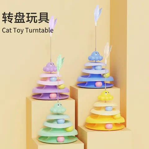 Octopus Cat Turntable Toy With 3-Layer Track Rolling Balls Feather Teaser Wand For Indoor Cats Self-Hi Boredom Relief