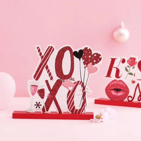 Panneau de Table en Bois Saint-Valentin Cœur Ours Décoration de Bureau XOXO LOVE KISS Lettre Romantique Fête Férié Décor
