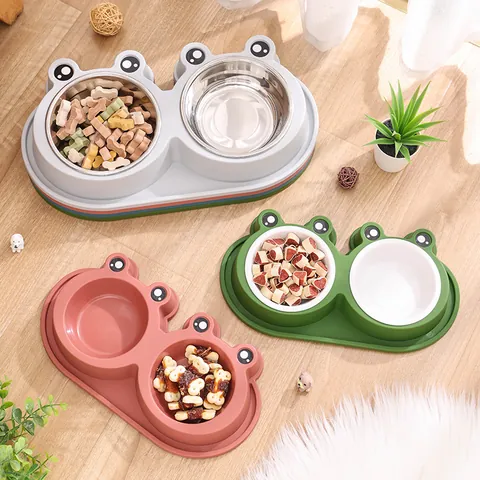 Cute Frog Shaped Pet Double Bowl Non-Slip Anti-Spill Stainless Steel Dog Cat Feeding Bowl Removable Food Water Feeder For Small Pets