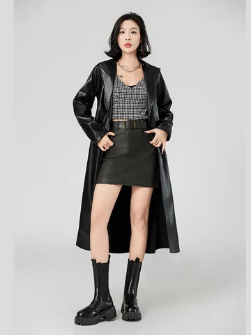 Trench-coat Long en Cuir PU pour Femmes Style Peignoir Avec Ceinture Taille Cintré Revers Veste en Cuir Lavé pour Printemps Automne