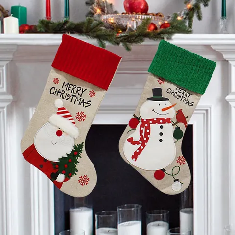 Handmade Fabric Christmas Stocking Santa Snowman Hanging Gift Bags For Fireplace Christmas Tree Holiday Party Home Decor