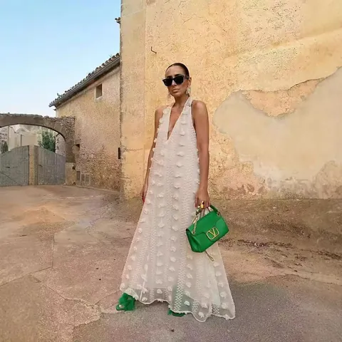 Women Summer Resort Style Halter V-Neck 3D Floral Texture Maxi Dress Elegant Sleeveless Backless Big Swing Party Long Dress