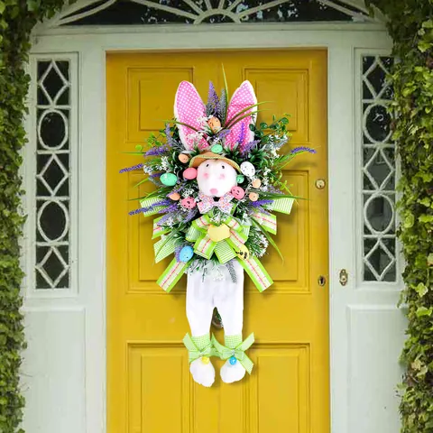 Easter Bunny Wreath Door Hanging Decor Artificial Lavender Flower Eggs Green Plaid Bow Pastoral Style Festival Wall Ornament