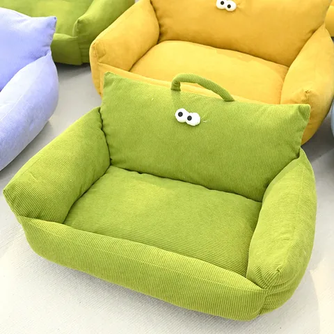 Cartoon Big Eye Pet Sofa Bed Soft Striped Corduroy Dog Cat Bed With Portable Handle Anti-Slip Bottom Warm Pet Furniture Mat