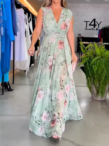 Damen V-Ausschnitt Ärmellos Blumenmuster Chiffon Maxi Kleid Elegant Rückenfrei Hohe Taille Sommer Strand Boho Langes Kleid
