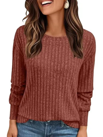 Maglietta a Maniche Lunghe a Costine da Donna Minimalista Girocollo Pullover Casual Tinta Unita Pendolare Top in Poliestere