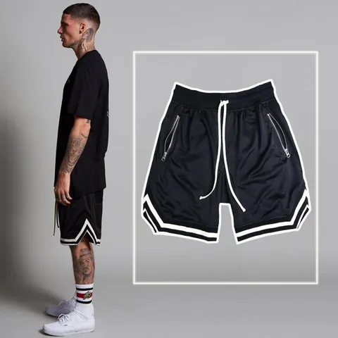 Men's Mesh Breathable Basketball Shorts With Zipper Pockets American Vintage Striped Trim Quick Dry Casual Training Shorts