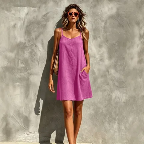 Women Casual V Neck Sleeveless Camisole Dress Solid Color Polyester Midi Dress With Pockets Summer Holiday Beach Sun Dress