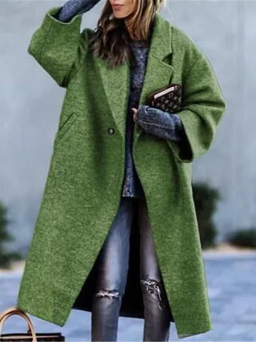 Women Long Polyester Woolen Coat Autumn Winter Casual Solid Color Warm Lapel Overcoat Loose Single Button Outerwear Top
