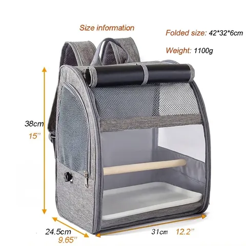Breathable Bird Carrier Backpack Large Capacity Parrot Travel Bag With Wood Perch And Feeding Cup For Small Animals Birds Gray