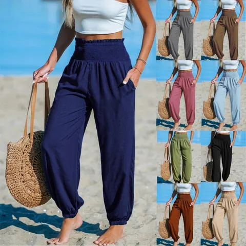 Pantalones Jogger de Cintura Alta Fruncida para Mujer Pantalones Casuales de Playa Holgados Mezcla de Lino Color Sólido Con Bolsillos