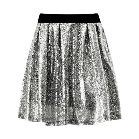 Women High Waist Shiny Sequined Pleated Mini Skirt Elegant Glitter A-Line Elastic Waist Bottom For Party Evening Club