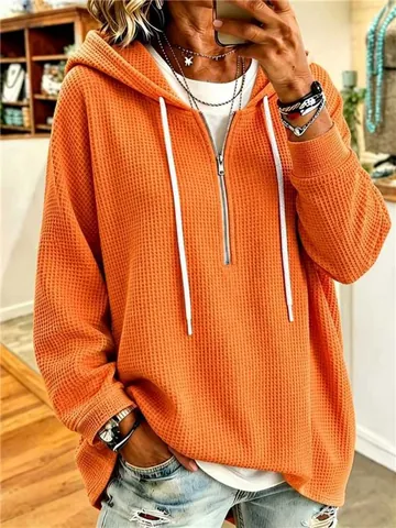 Women Casual Waffle Knit Hooded Sweatshirt Loose Half Zipper Drawstring Long Sleeve Top Polyester Pullover Hoodie