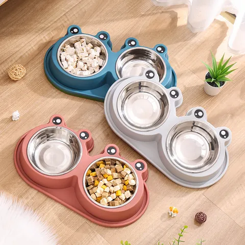 Cute Frog Shaped Pet Double Bowl Non-Slip Anti-Spill Stainless Steel Dog Cat Feeding Bowl Removable Food Water Feeder For Small Pets