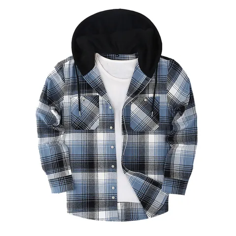 Camisa de Franela a Cuadros Casual para Hombre con Capucha Manga Larga Botones Chaqueta Camisa Ajuste Holgado Top para Hombre