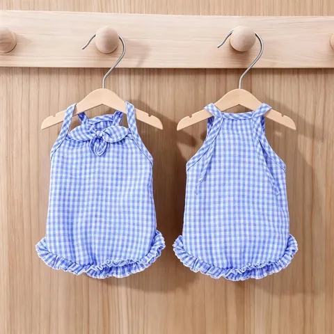 Vestido de Verano para Perro Gato Falda de Cuadros Gingham Ropa Transpirable para Cachorro Con Lazo Volantes para Perros y Gatos Pequeños