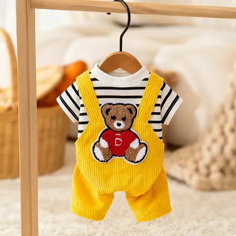 Pet Dog Autumn Winter Four-Legged Overall Corduroy Striped Bear Embroidery Warm Clothes Small Puppy Teddy Pomeranian Outfit