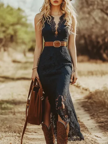 Women Vintage Bohemian Lace Sleeveless Midi Dress V-Neck Solid Color Polyester Patchwork Bodycon Dress Black