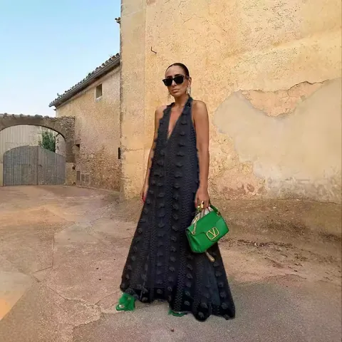 Women Summer Resort Style Halter V-Neck 3D Floral Texture Maxi Dress Elegant Sleeveless Backless Big Swing Party Long Dress