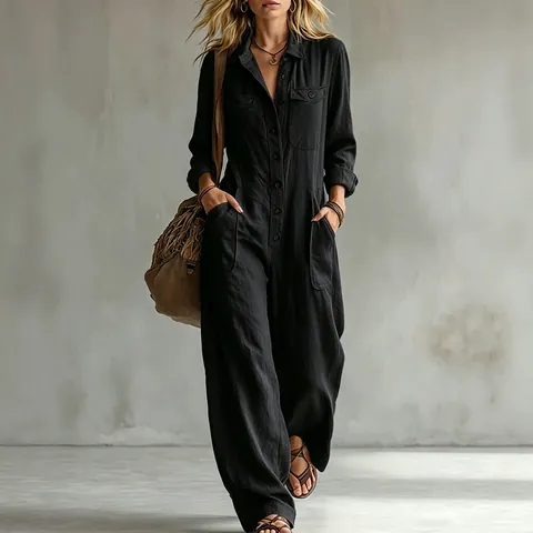 Women Utility Polyester Jumpsuit Lapel Long Sleeve Wide Leg Romper Loose Vacation Cargo One-Piece Pants