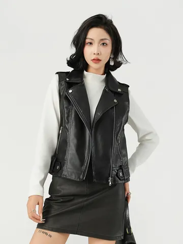 Gilet da Donna in Pelle PU Casual Stile Biker Collo a Revers Giacca Senza Maniche Con Cerniere Fibbie Tinta Unita Nero Top