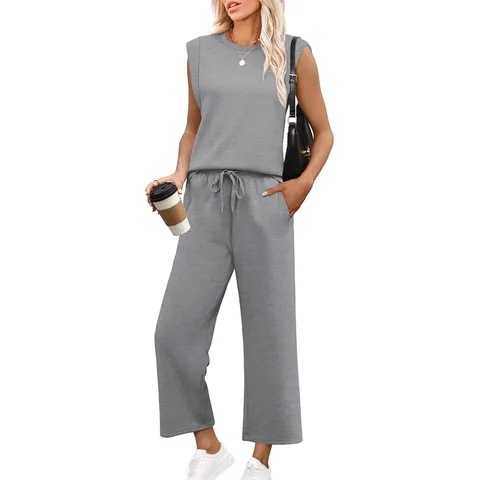 Γυναικείο Casual Spandex Αμάνικο Τοπ Με Στρογγυλή Λαιμόκοψη Και Παντελόνι Με Φαρδύ Μπατζάκι Και Κορδόνι Σετ Δύο Τεμαχίων Μονόχρωμο