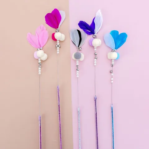 Fairy Style Cat Teaser Wand Interactive Feather Toy With Metal Bells Plush Balls Glitter Long Handle For Indoor Cats Boredom Relief