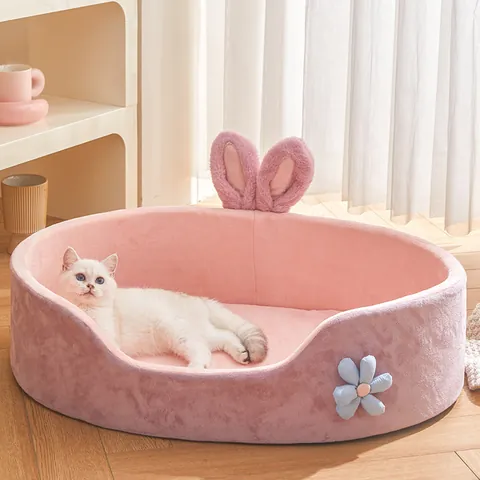 Cama para Mascotas Rosa con Orejas de Conejo Cuatro Estaciones Sofá de Felpa Suave para Perros y Gatos Extraíble y Lavable