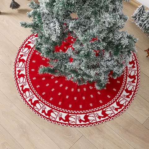 Knitted Christmas Tree Skirt With Elk Snowflake Pattern Red Black Buffalo Plaid Reindeer Round Tree Apron For Holiday Party Decor