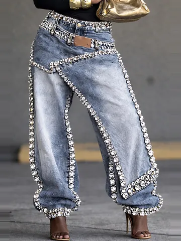 Women Deconstructed Layered Rhinestone Denim Jeans High Waist Straight Wide Leg Washed Casual Bottom Pants Fashion Streetwear