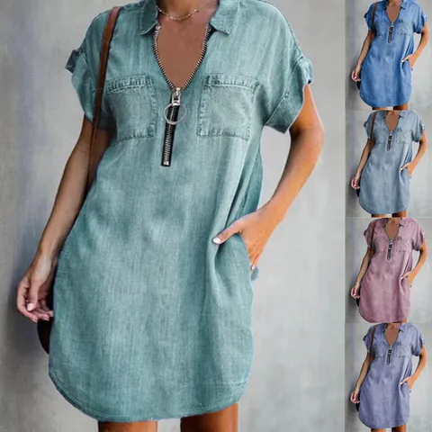Women's Casual Cotton Blend Denim Look Midi Dress With Metal Ring Zipper Lapel Neck Pockets Short Sleeve Loose Shirt Dress