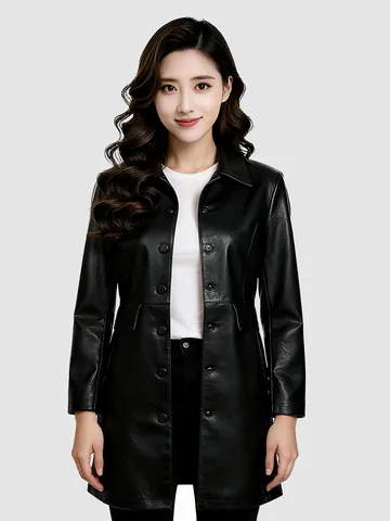 Elegant Women's PU Leather Jacket Mid-length Lapel Slim Fit Single Breasted Faux Leather Trench Coat For Spring Autumn