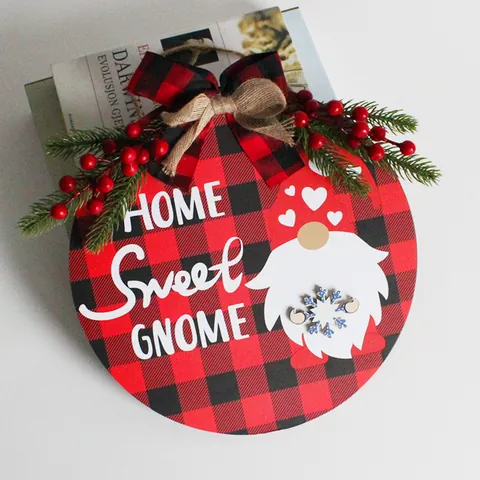 Christmas Wooden Door Wreath Sign Home Sweet Gnome Round Plaid Door Decor For Front Door Farmhouse Porch Hanging Ornament